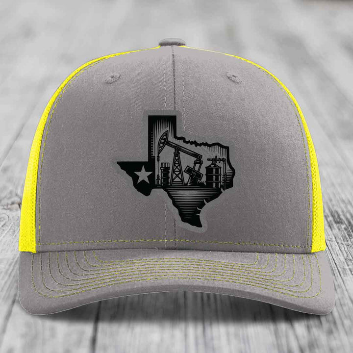 Texas Oilfield - Leather Patch Hat - Grey to Black Patch - Richardson 112 Snapback Trucker Hat
