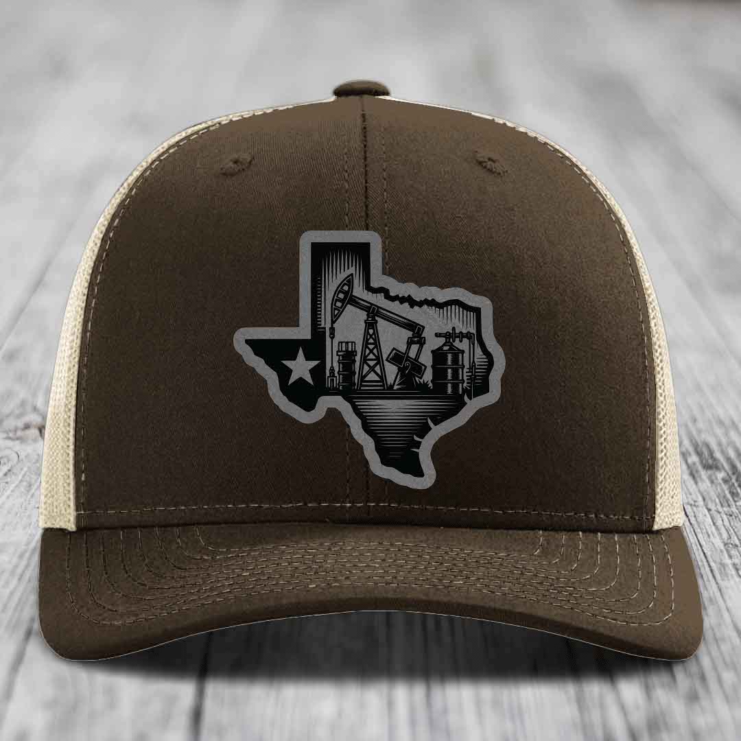Texas Oilfield - Leather Patch Hat - Grey to Black Patch - Richardson 112 Snapback Trucker Hat