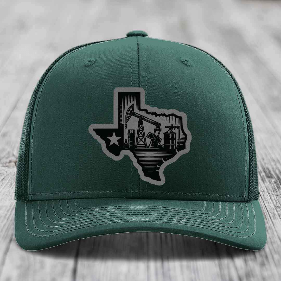 Texas Oilfield - Leather Patch Hat - Grey to Black Patch - Richardson 112 Snapback Trucker Hat