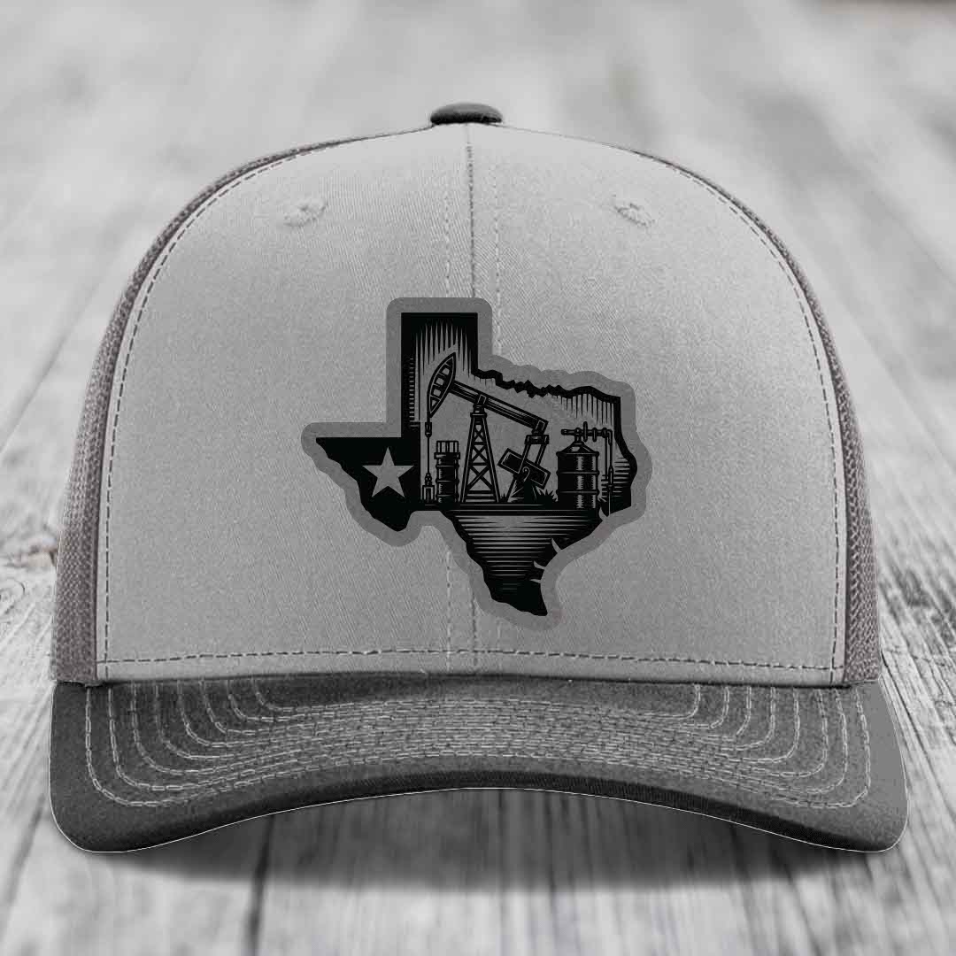 Texas Oilfield - Leather Patch Hat - Grey to Black Patch - Richardson 112 Snapback Trucker Hat
