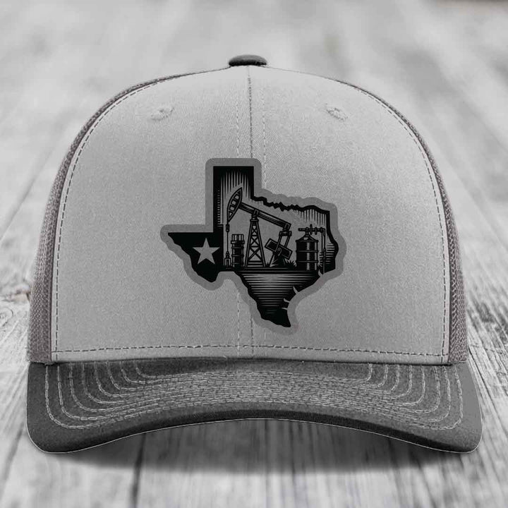 Texas Oilfield - Leather Patch Hat - Grey to Black Patch - Richardson 112 Snapback Trucker Hat