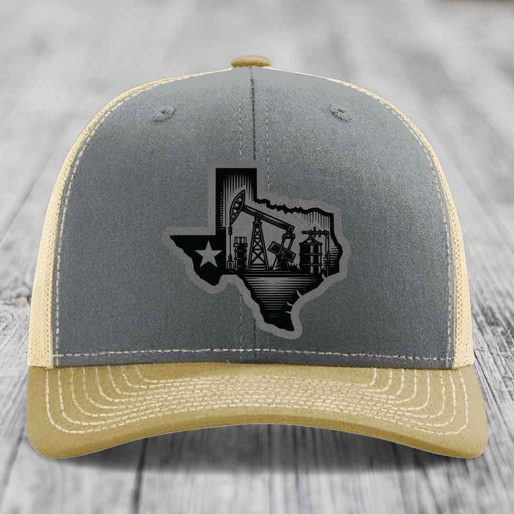 Texas Oilfield - Leather Patch Hat - Grey to Black Patch - Richardson 112 Snapback Trucker Hat