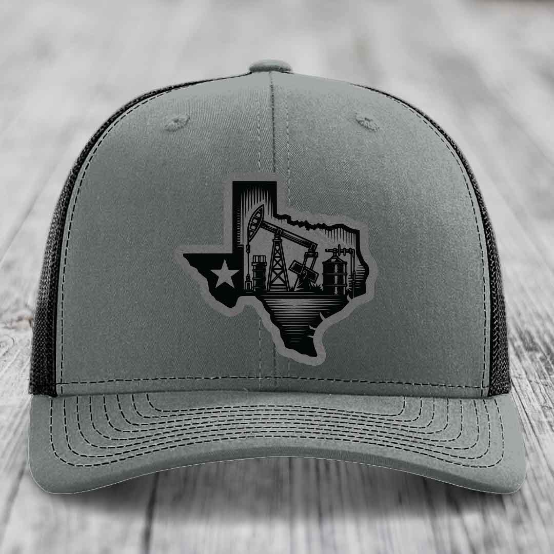 Texas Oilfield - Leather Patch Hat - Grey to Black Patch - Richardson 112 Snapback Trucker Hat