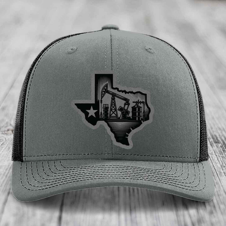 Texas Oilfield - Leather Patch Hat - Grey to Black Patch - Richardson 112 Snapback Trucker Hat
