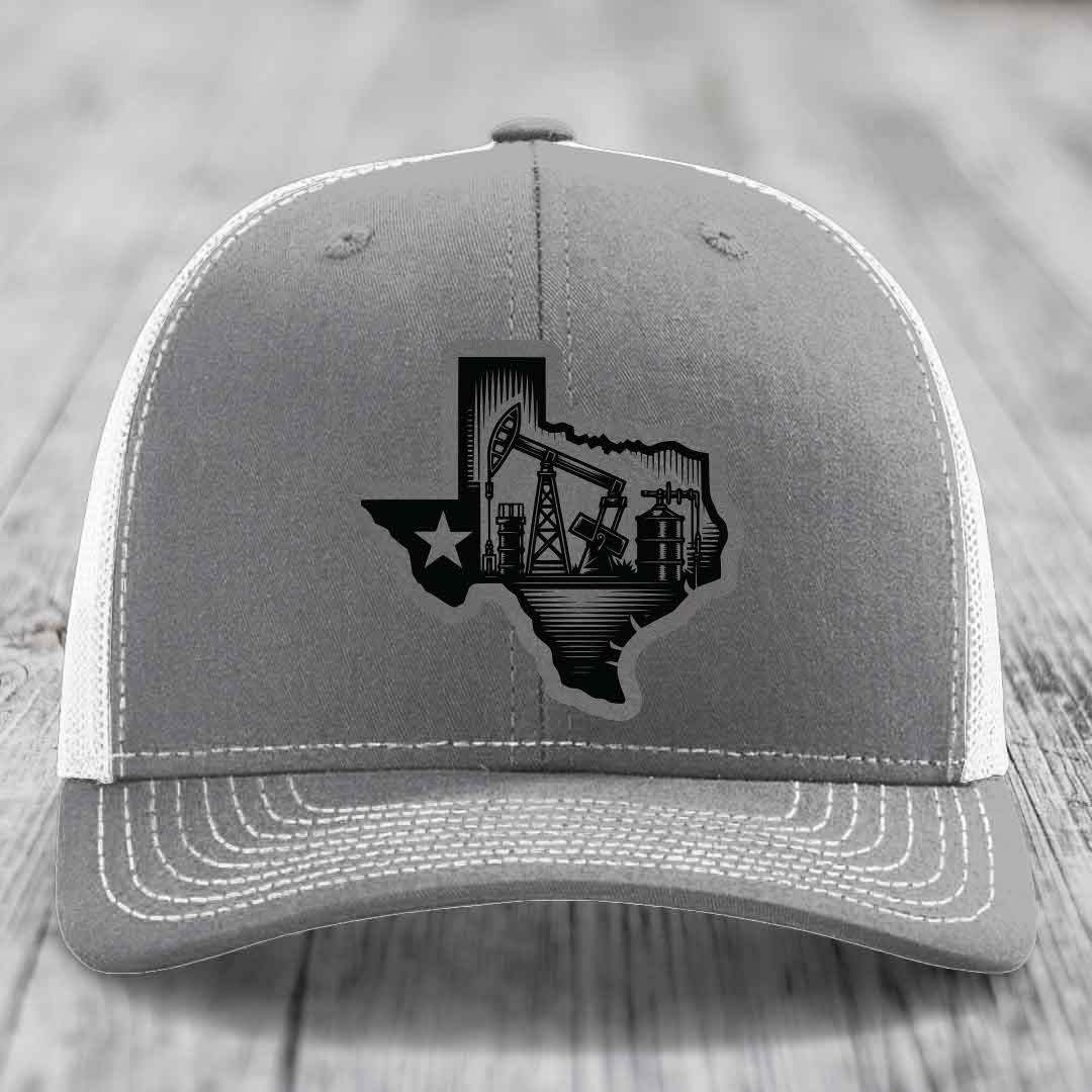 Texas Oilfield - Leather Patch Hat - Grey to Black Patch - Richardson 112 Snapback Trucker Hat