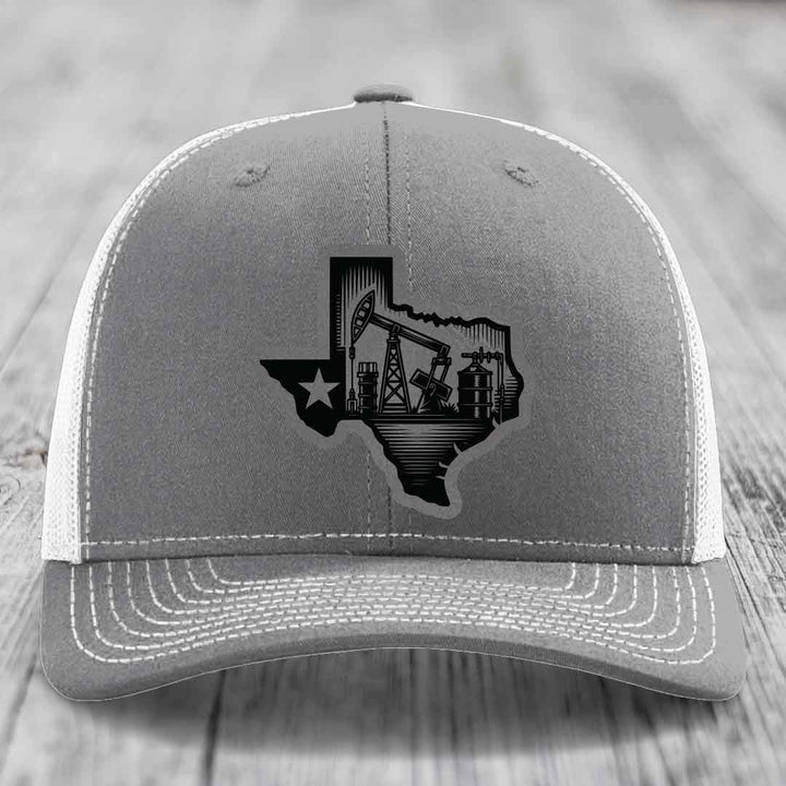 Texas Oilfield - Leather Patch Hat - Grey to Black Patch - Richardson 112 Snapback Trucker Hat