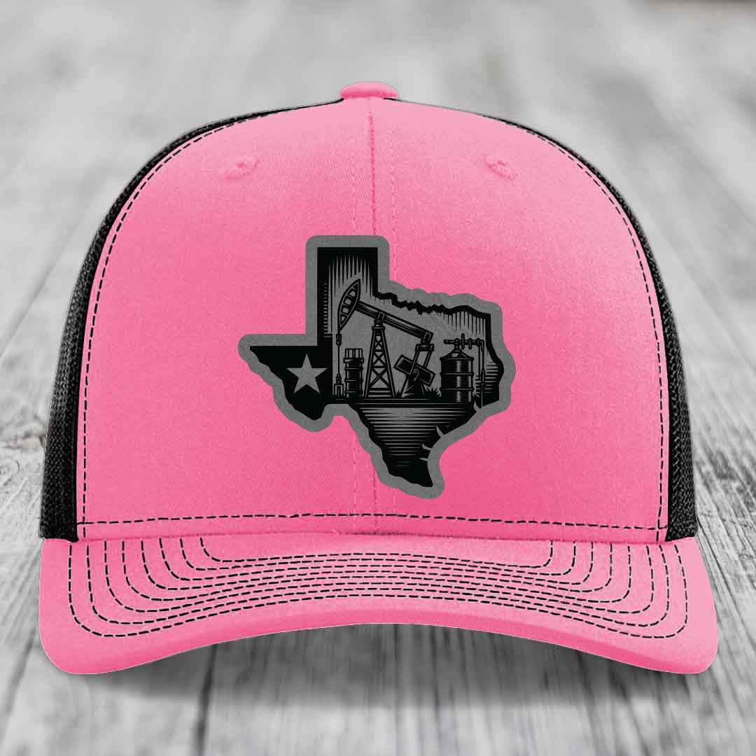 Texas Oilfield - Leather Patch Hat - Grey to Black Patch - Richardson 112 Snapback Trucker Hat