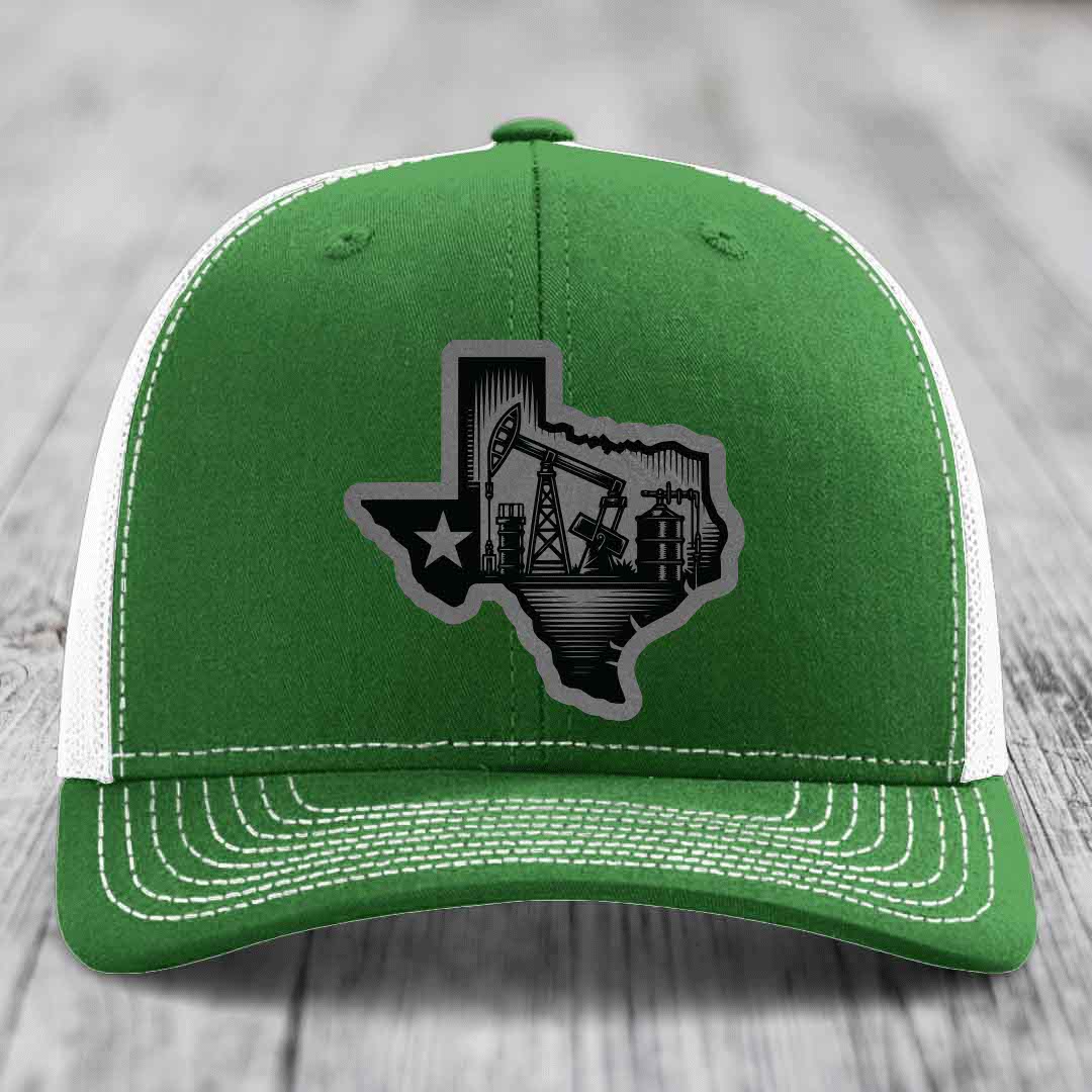 Texas Oilfield - Leather Patch Hat - Grey to Black Patch - Richardson 112 Snapback Trucker Hat