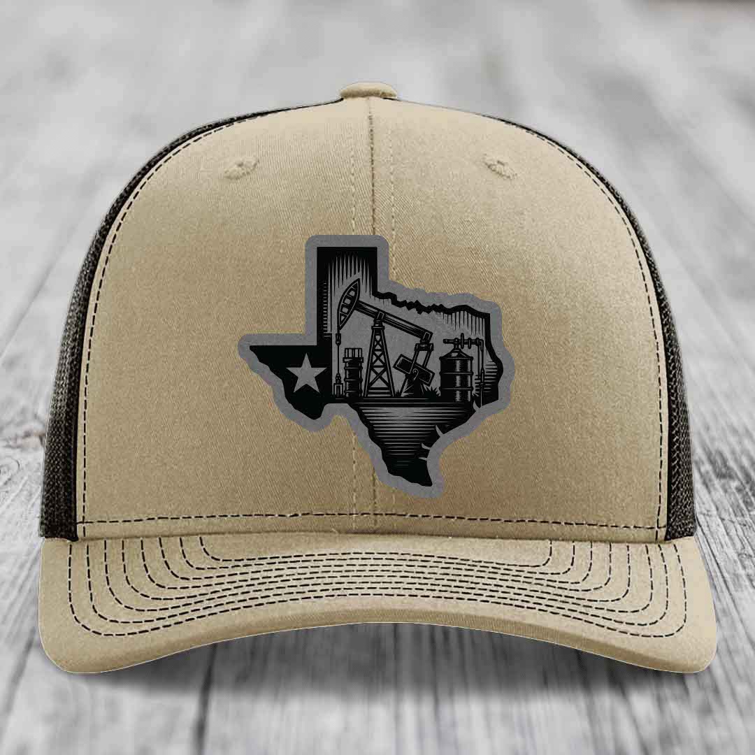 Texas Oilfield - Leather Patch Hat - Grey to Black Patch - Richardson 112 Snapback Trucker Hat
