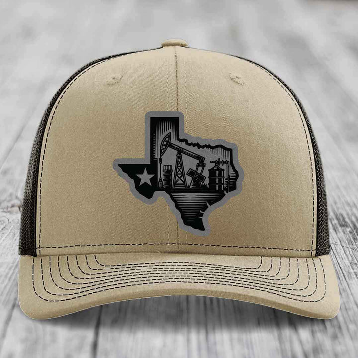 Texas Oilfield - Leather Patch Hat - Grey to Black Patch - Richardson 112 Snapback Trucker Hat