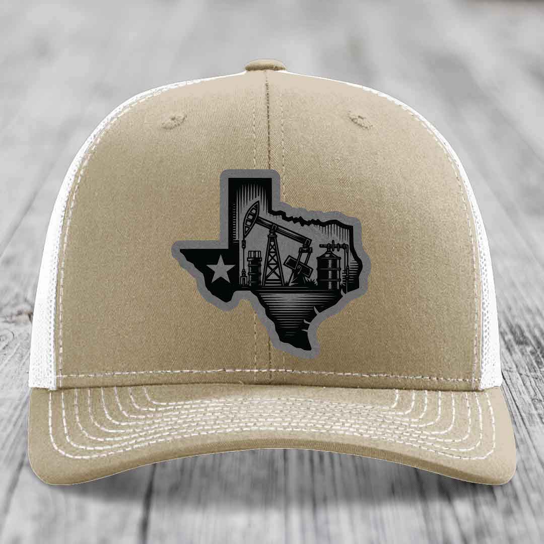 Texas Oilfield - Leather Patch Hat - Grey to Black Patch - Richardson 112 Snapback Trucker Hat