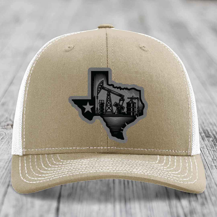 Texas Oilfield - Leather Patch Hat - Grey to Black Patch - Richardson 112 Snapback Trucker Hat