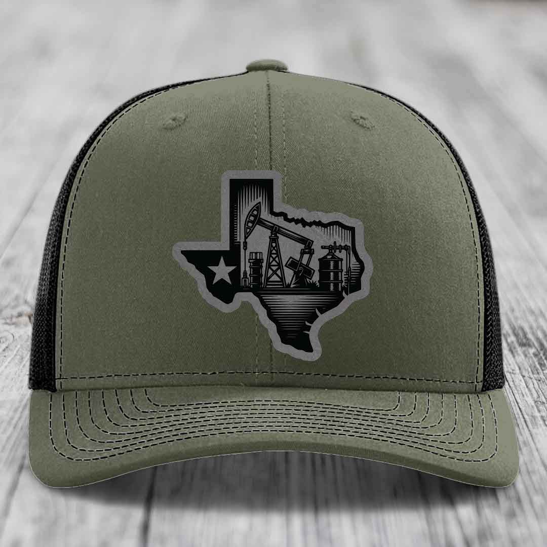 Texas Oilfield - Leather Patch Hat - Grey to Black Patch - Richardson 112 Snapback Trucker Hat