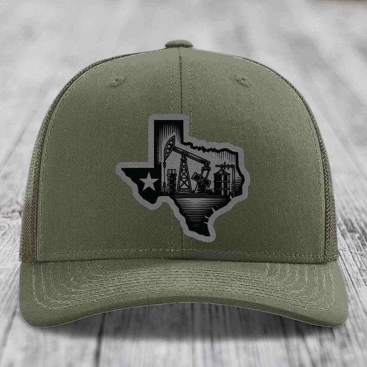 Texas Oilfield - Leather Patch Hat - Grey to Black Patch - Richardson 112 Snapback Trucker Hat