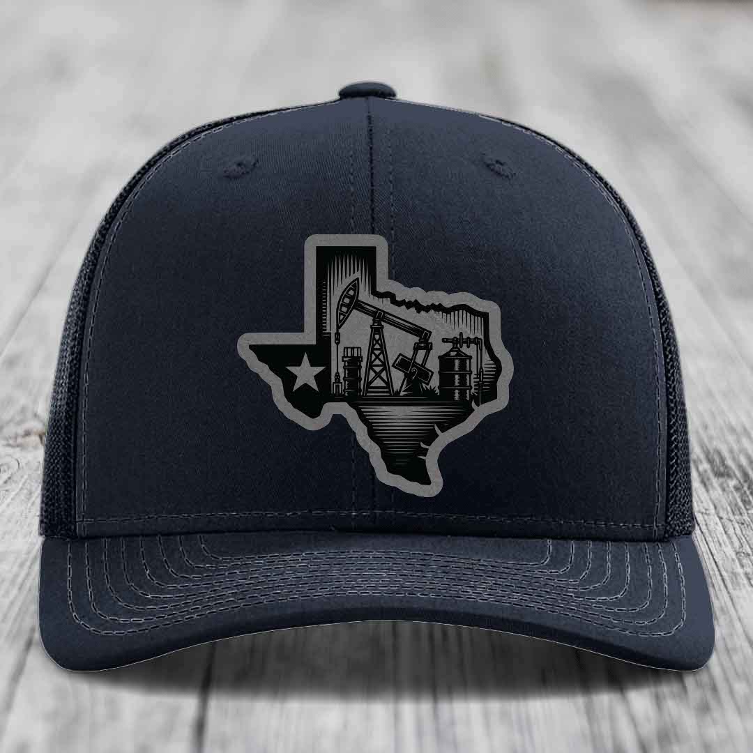 Texas Oilfield - Leather Patch Hat - Grey to Black Patch - Richardson 112 Snapback Trucker Hat