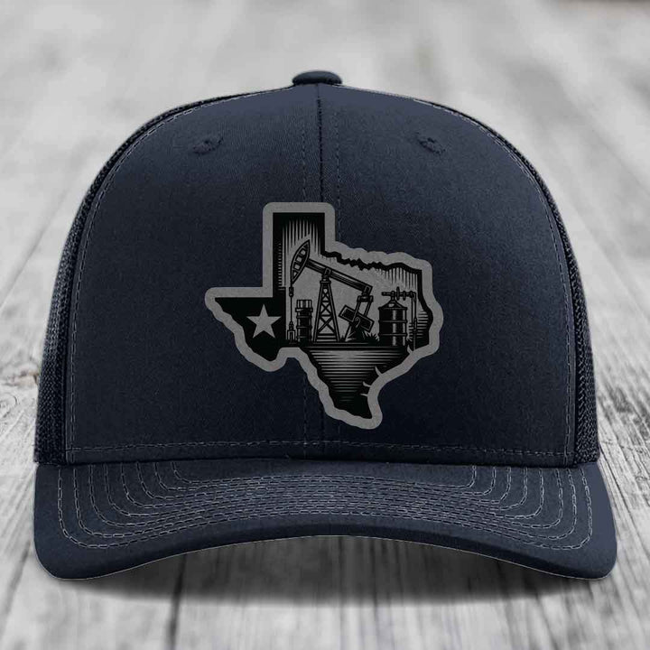 Texas Oilfield - Leather Patch Hat - Grey to Black Patch - Richardson 112 Snapback Trucker Hat