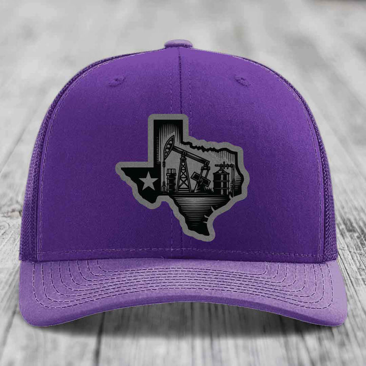 Texas Oilfield - Leather Patch Hat - Grey to Black Patch - Richardson 112 Snapback Trucker Hat