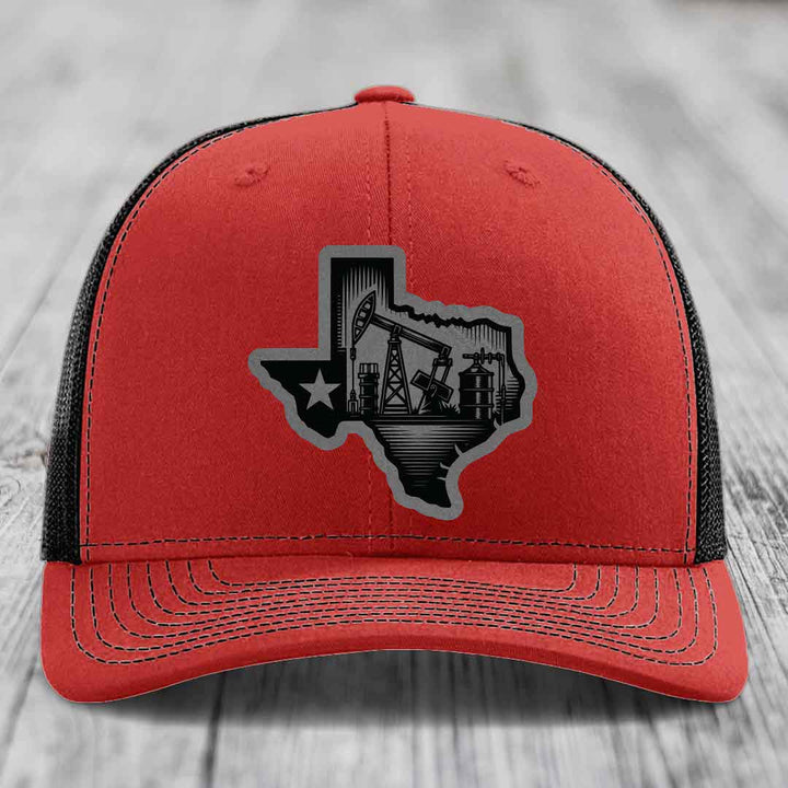 Texas Oilfield - Leather Patch Hat - Grey to Black Patch - Richardson 112 Snapback Trucker Hat