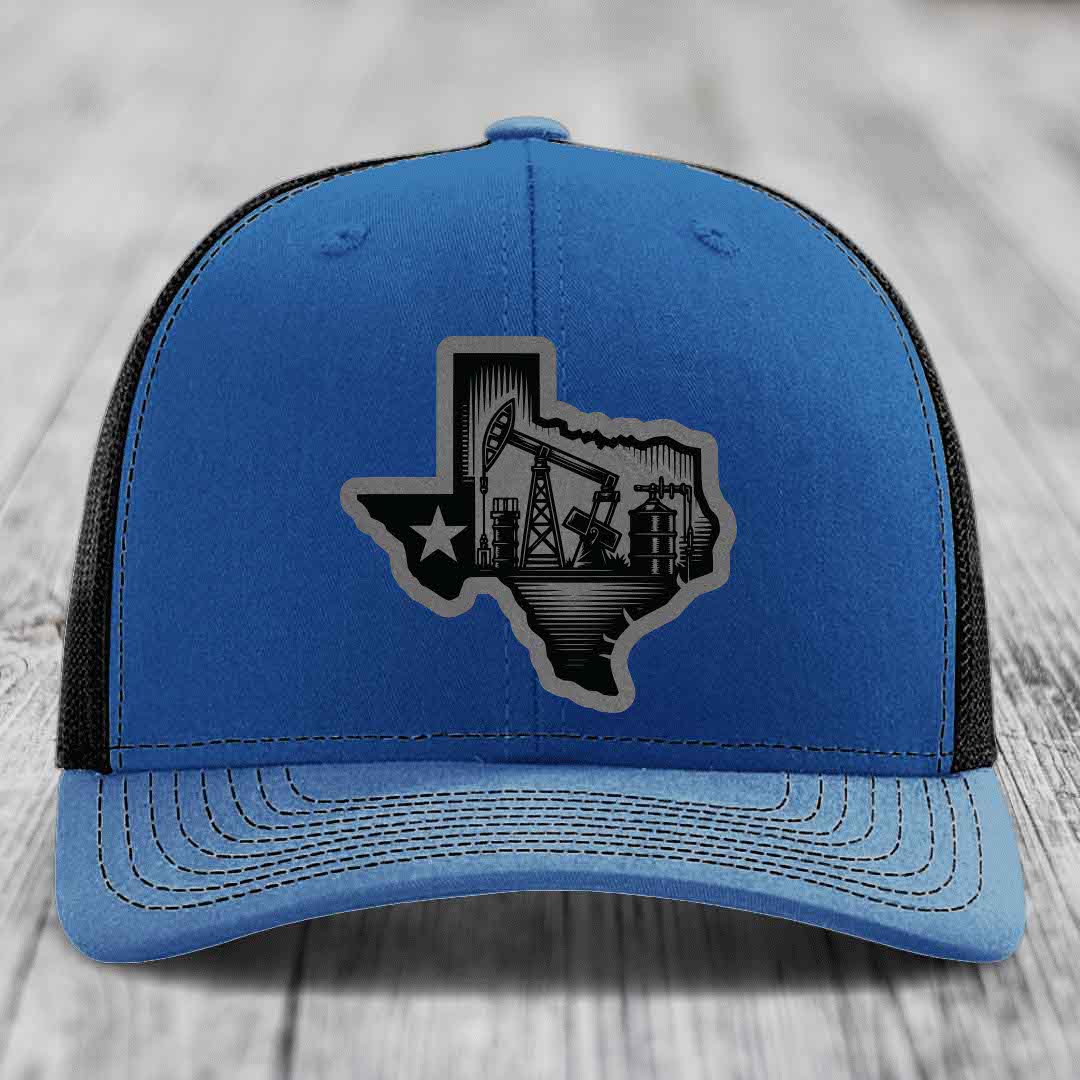 Texas Oilfield - Leather Patch Hat - Grey to Black Patch - Richardson 112 Snapback Trucker Hat