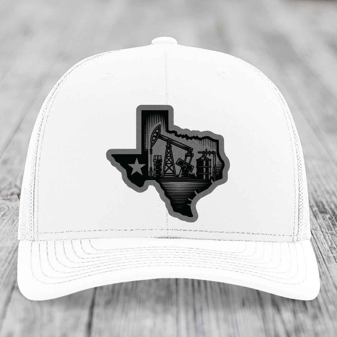 Texas Oilfield - Leather Patch Hat - Grey to Black Patch - Richardson 112 Snapback Trucker Hat