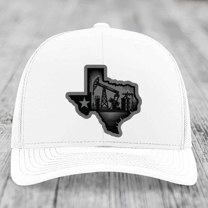 Texas Oilfield - Leather Patch Hat - Grey to Black Patch - Richardson 112 Snapback Trucker Hat