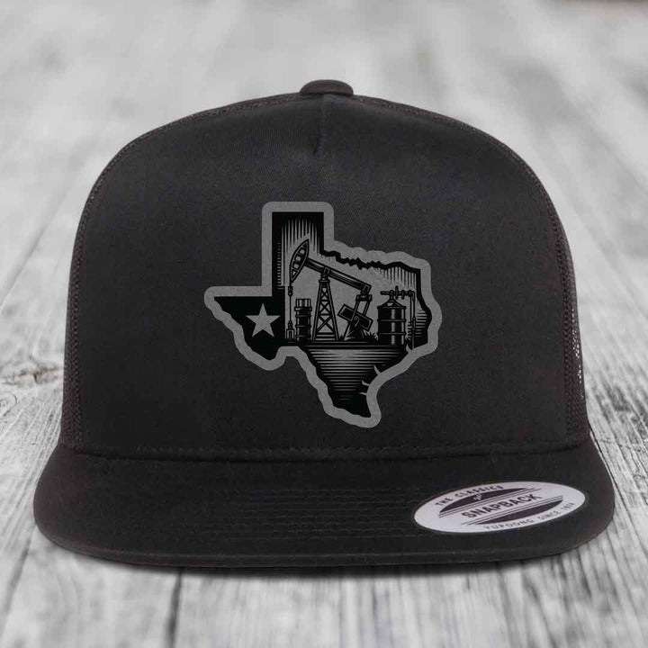Texas Oilfield - Leather Patch Hat - Grey to Black Patch - Yupoong 6006 Snapback Flatbill Hat