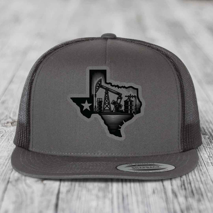 Texas Oilfield - Leather Patch Hat - Grey to Black Patch - Yupoong 6006 Snapback Flatbill Hat