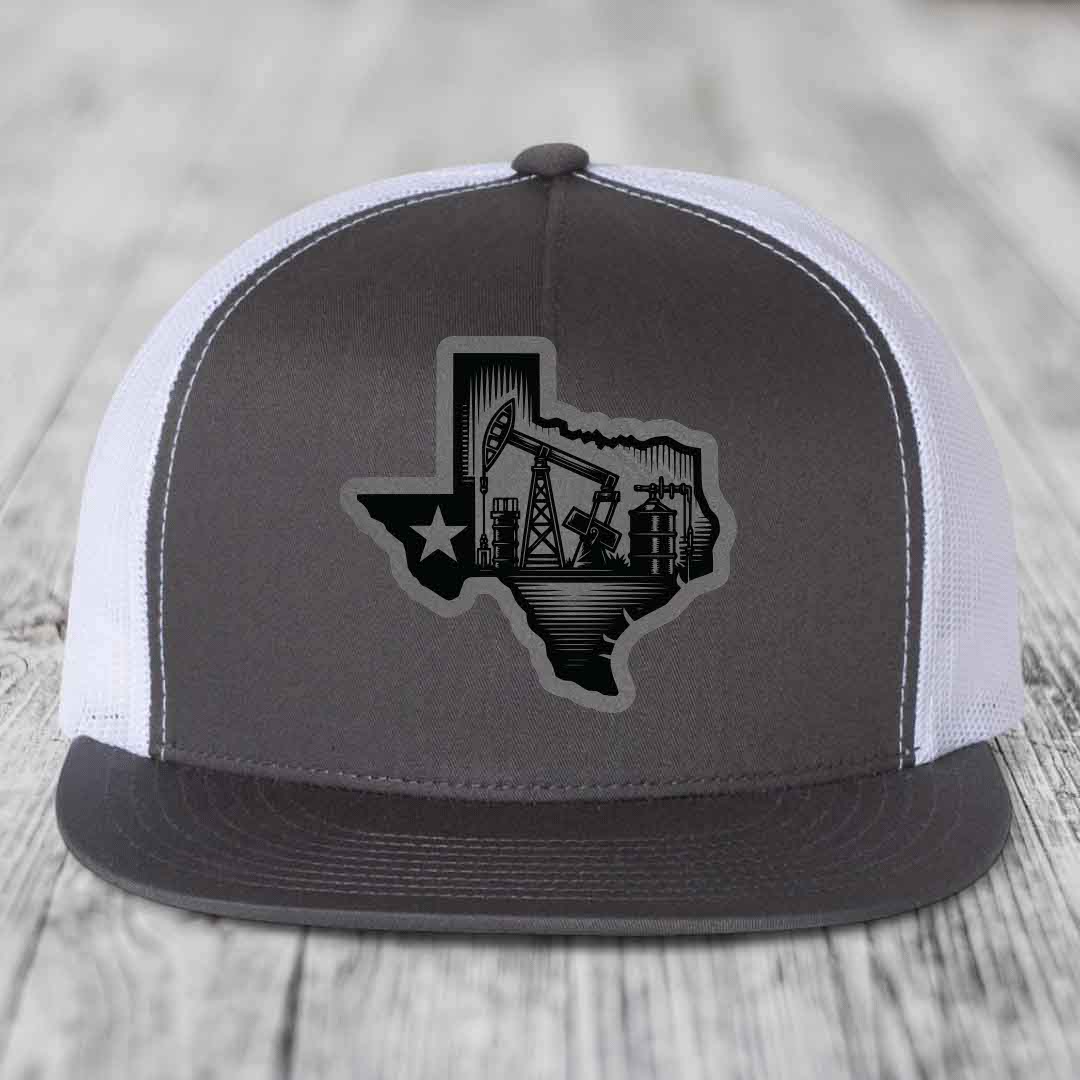 Texas Oilfield - Leather Patch Hat - Grey to Black Patch - Yupoong 6006 Snapback Flatbill Hat
