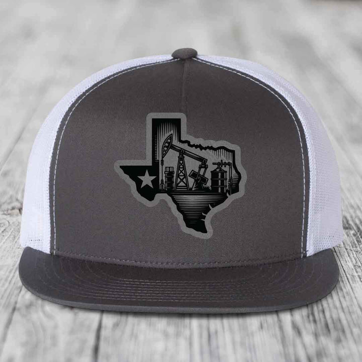 Texas Oilfield - Leather Patch Hat - Grey to Black Patch - Yupoong 6006 Snapback Flatbill Hat