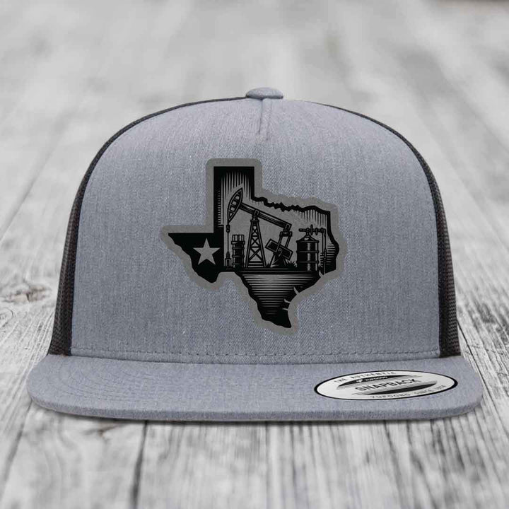 Texas Oilfield - Leather Patch Hat - Grey to Black Patch - Yupoong 6006 Snapback Flatbill Hat