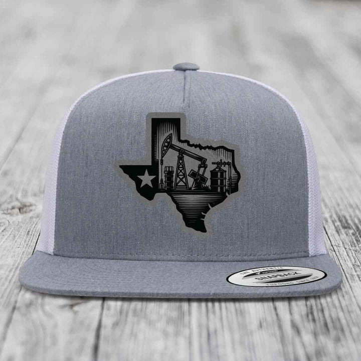 Texas Oilfield - Leather Patch Hat - Grey to Black Patch - Yupoong 6006 Snapback Flatbill Hat