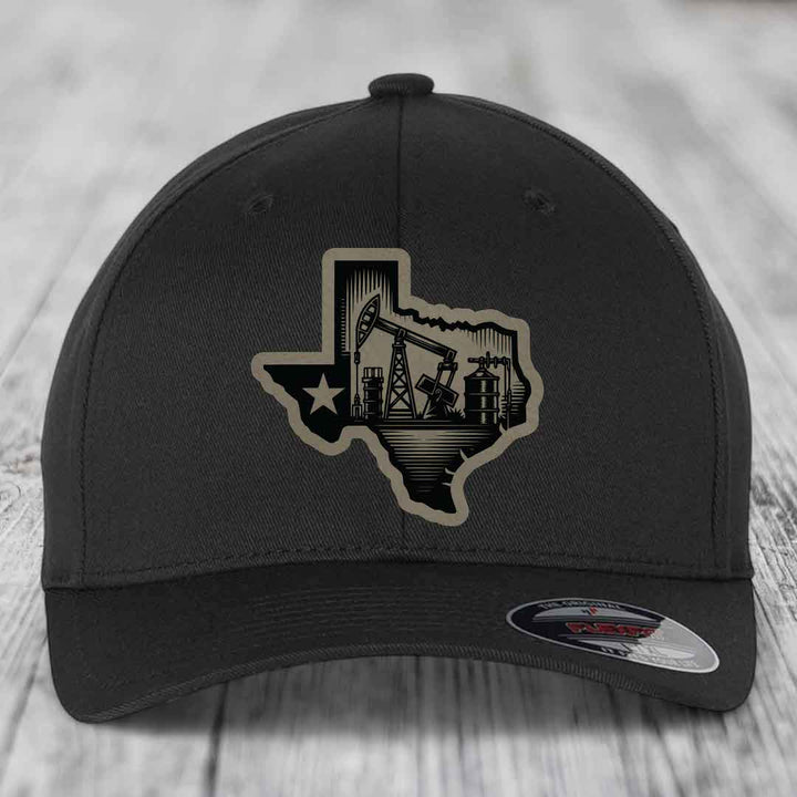 Texas Oilfield - Leather Patch Hat - Light Brown to Black Patch - Flexfit 6277 Fitted Hat