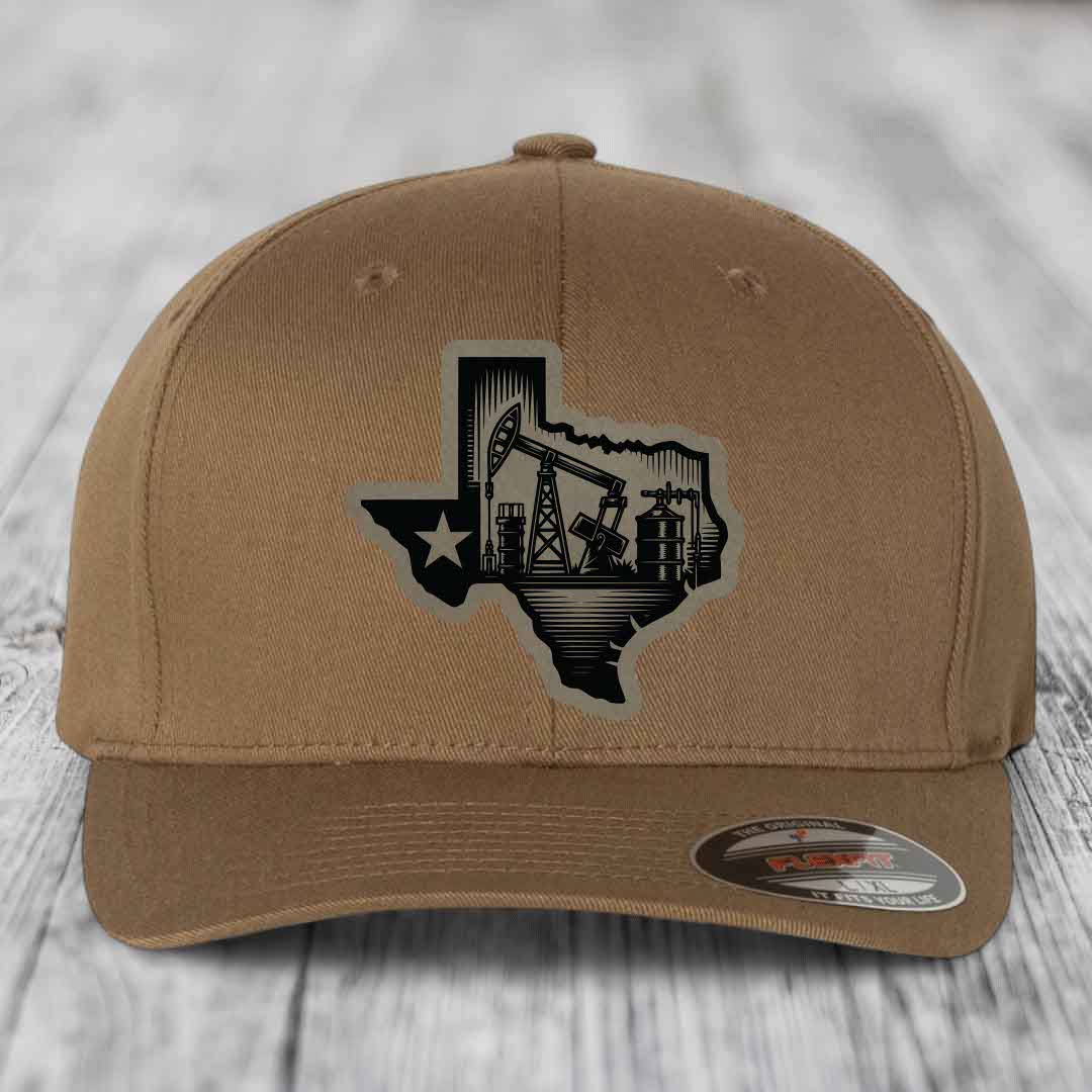 Texas Oilfield - Leather Patch Hat - Light Brown to Black Patch - Flexfit 6277 Fitted Hat