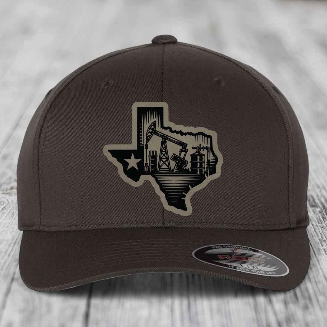 Texas Oilfield - Leather Patch Hat - Light Brown to Black Patch - Flexfit 6277 Fitted Hat