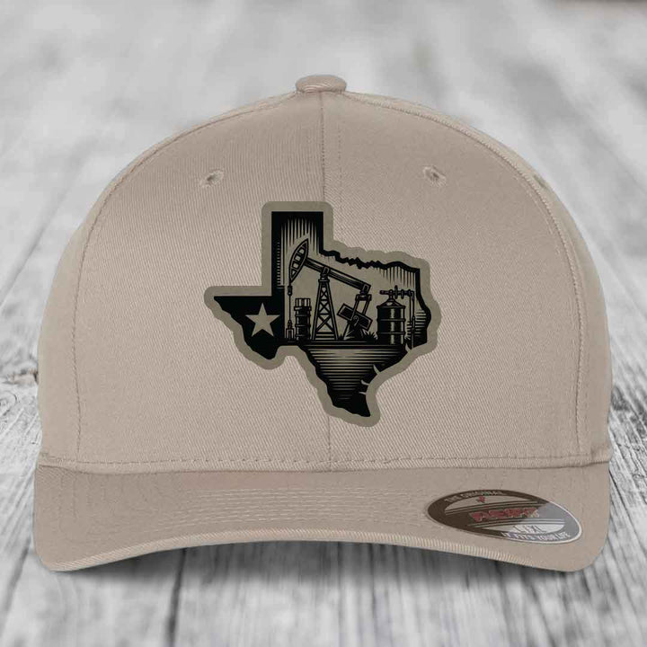 Texas Oilfield - Leather Patch Hat - Light Brown to Black Patch - Flexfit 6277 Fitted Hat