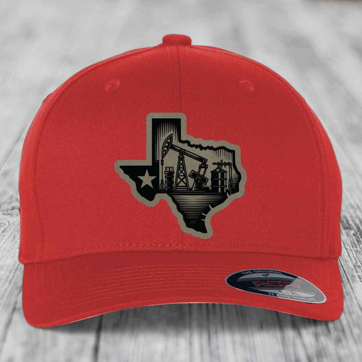 Texas Oilfield - Leather Patch Hat - Light Brown to Black Patch - Flexfit 6277 Fitted Hat