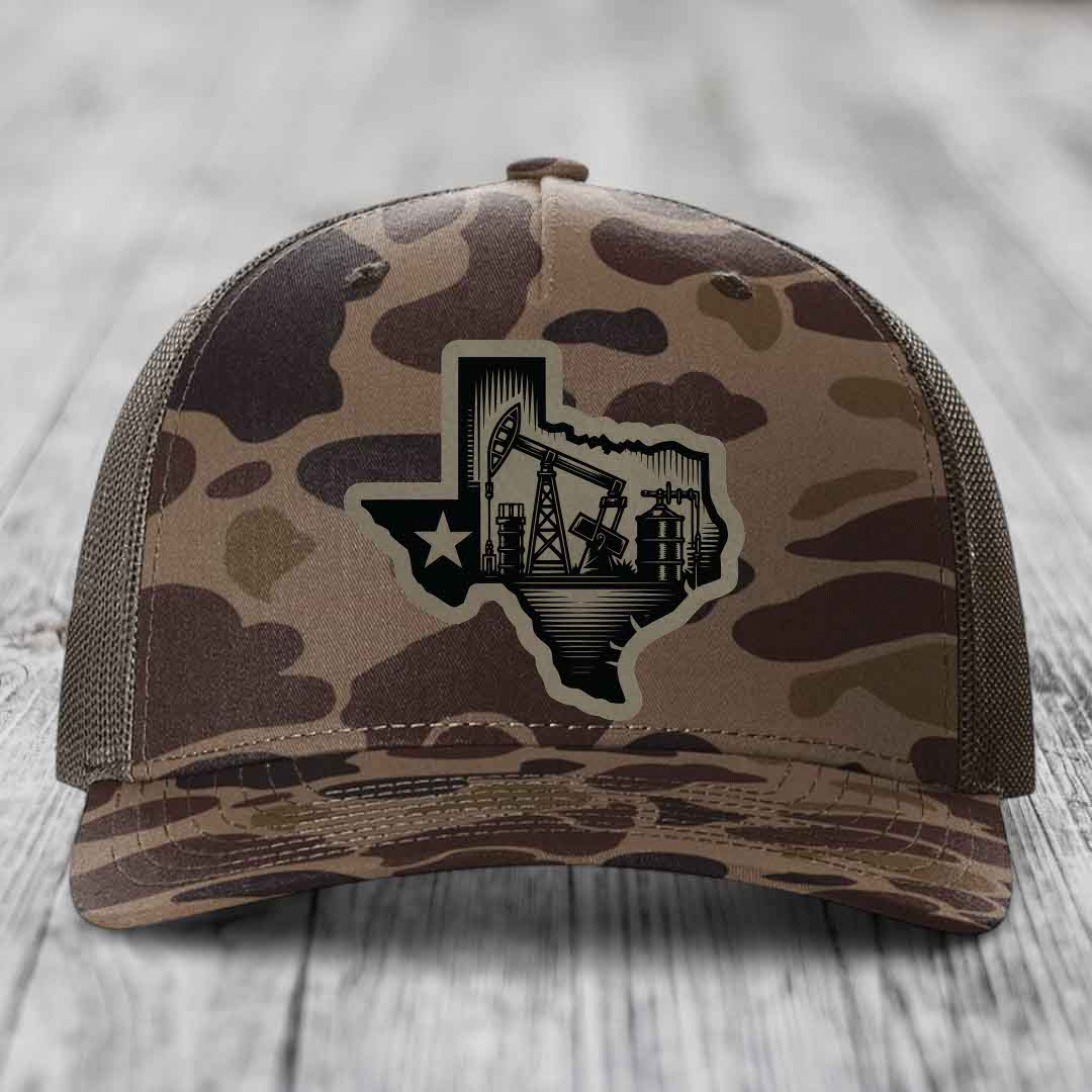 Texas Oilfield - Leather Patch Hat - Light Brown to Black Patch - Richardson 112PFP Snapback Trucker Hat