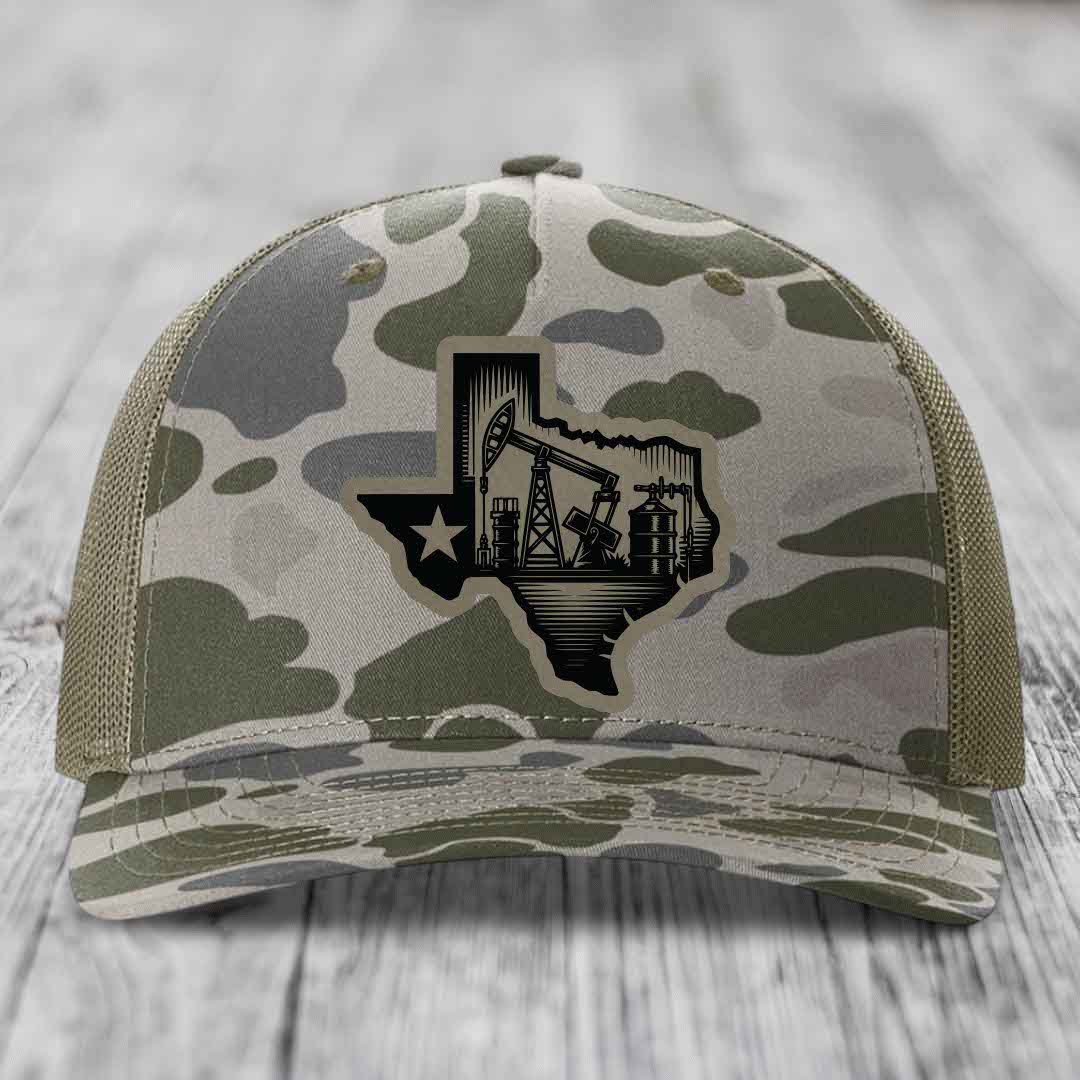 Texas Oilfield - Leather Patch Hat - Light Brown to Black Patch - Richardson 112PFP Snapback Trucker Hat
