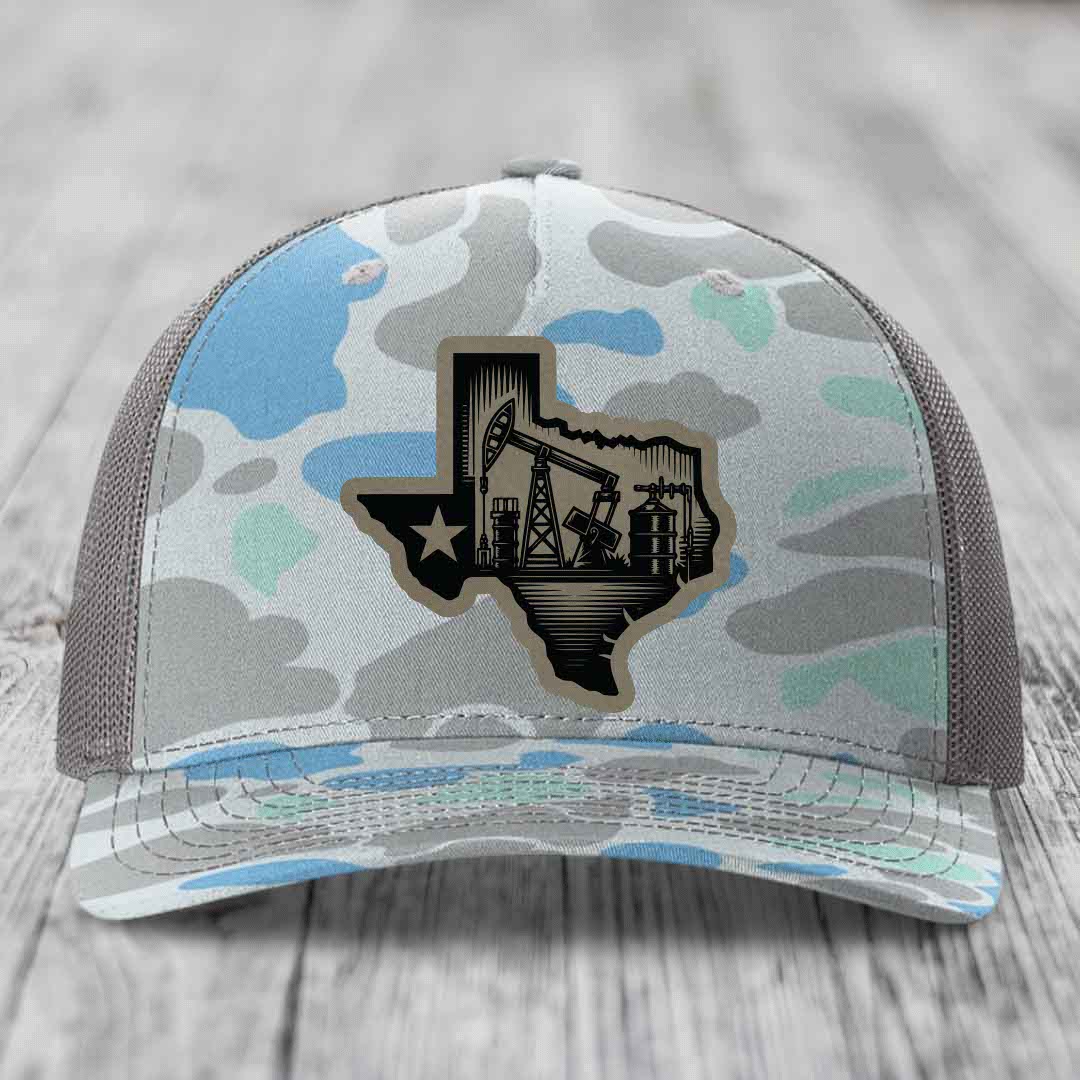 Texas Oilfield - Leather Patch Hat - Light Brown to Black Patch - Richardson 112PFP Snapback Trucker Hat