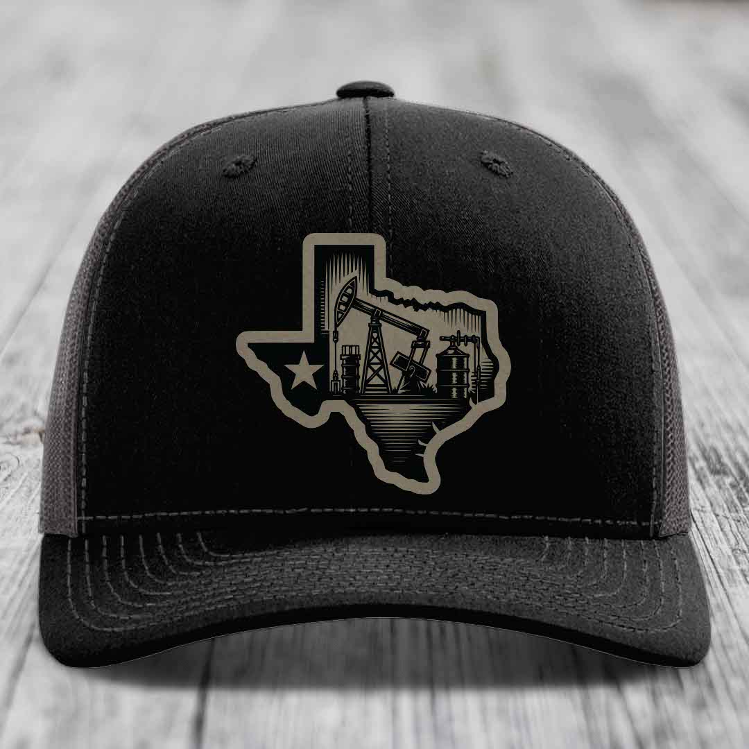 Texas Oilfield - Leather Patch Hat - Light Brown to Black Patch - Richardson 112 Snapback Trucker Hat