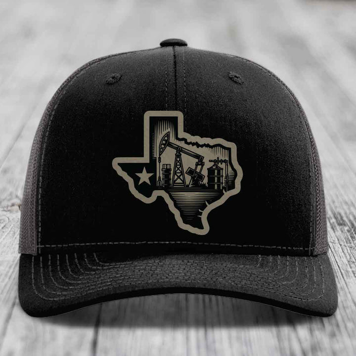 Texas Oilfield - Leather Patch Hat - Light Brown to Black Patch - Richardson 112 Snapback Trucker Hat