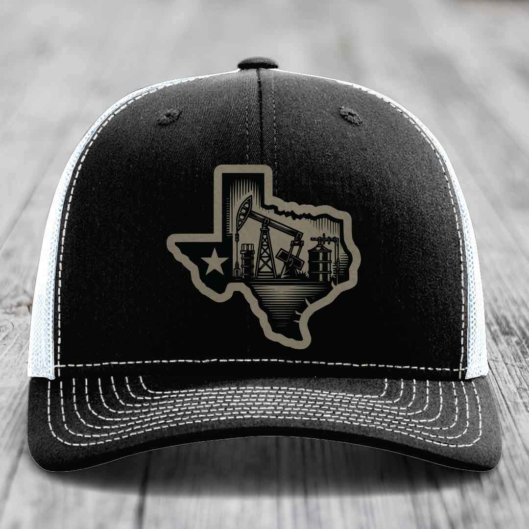 Texas Oilfield - Leather Patch Hat - Light Brown to Black Patch - Richardson 112 Snapback Trucker Hat
