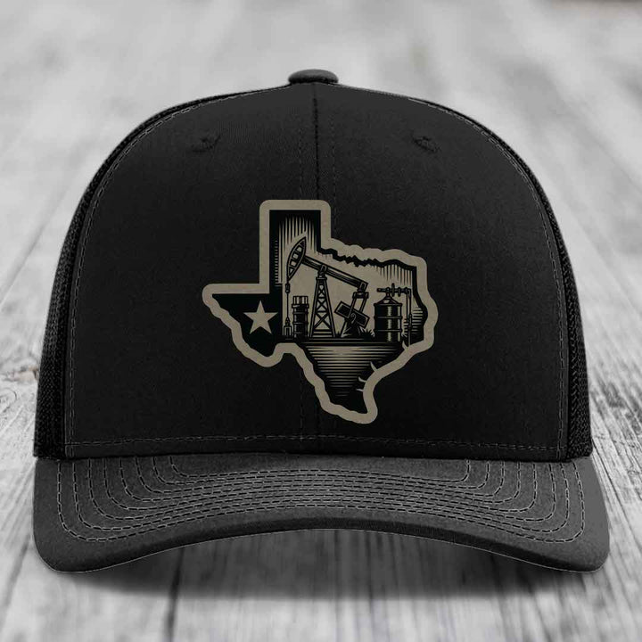 Texas Oilfield - Leather Patch Hat - Light Brown to Black Patch - Richardson 112 Snapback Trucker Hat