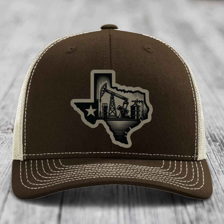 Texas Oilfield - Leather Patch Hat - Light Brown to Black Patch - Richardson 112 Snapback Trucker Hat