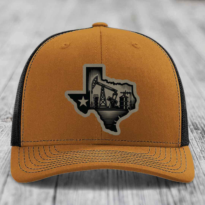 Texas Oilfield - Leather Patch Hat - Light Brown to Black Patch - Richardson 112 Snapback Trucker Hat