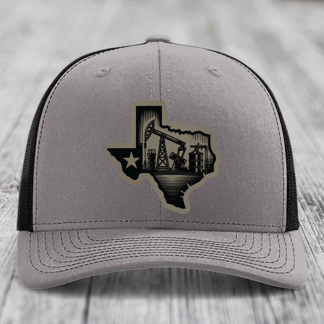 Texas Oilfield - Leather Patch Hat - Light Brown to Black Patch - Richardson 112 Snapback Trucker Hat