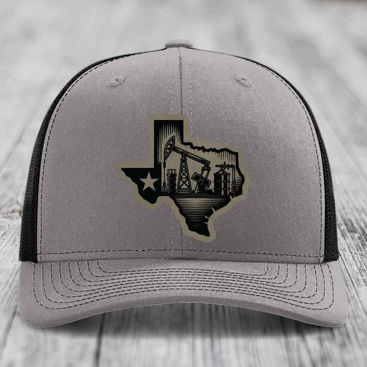 Texas Oilfield - Leather Patch Hat - Light Brown to Black Patch - Richardson 112 Snapback Trucker Hat