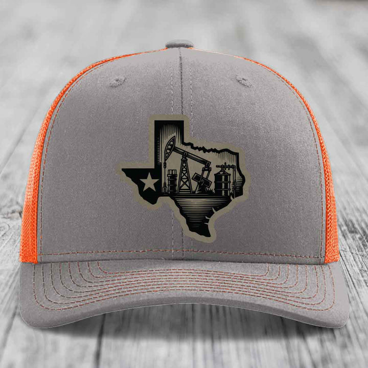 Texas Oilfield - Leather Patch Hat - Light Brown to Black Patch - Richardson 112 Snapback Trucker Hat
