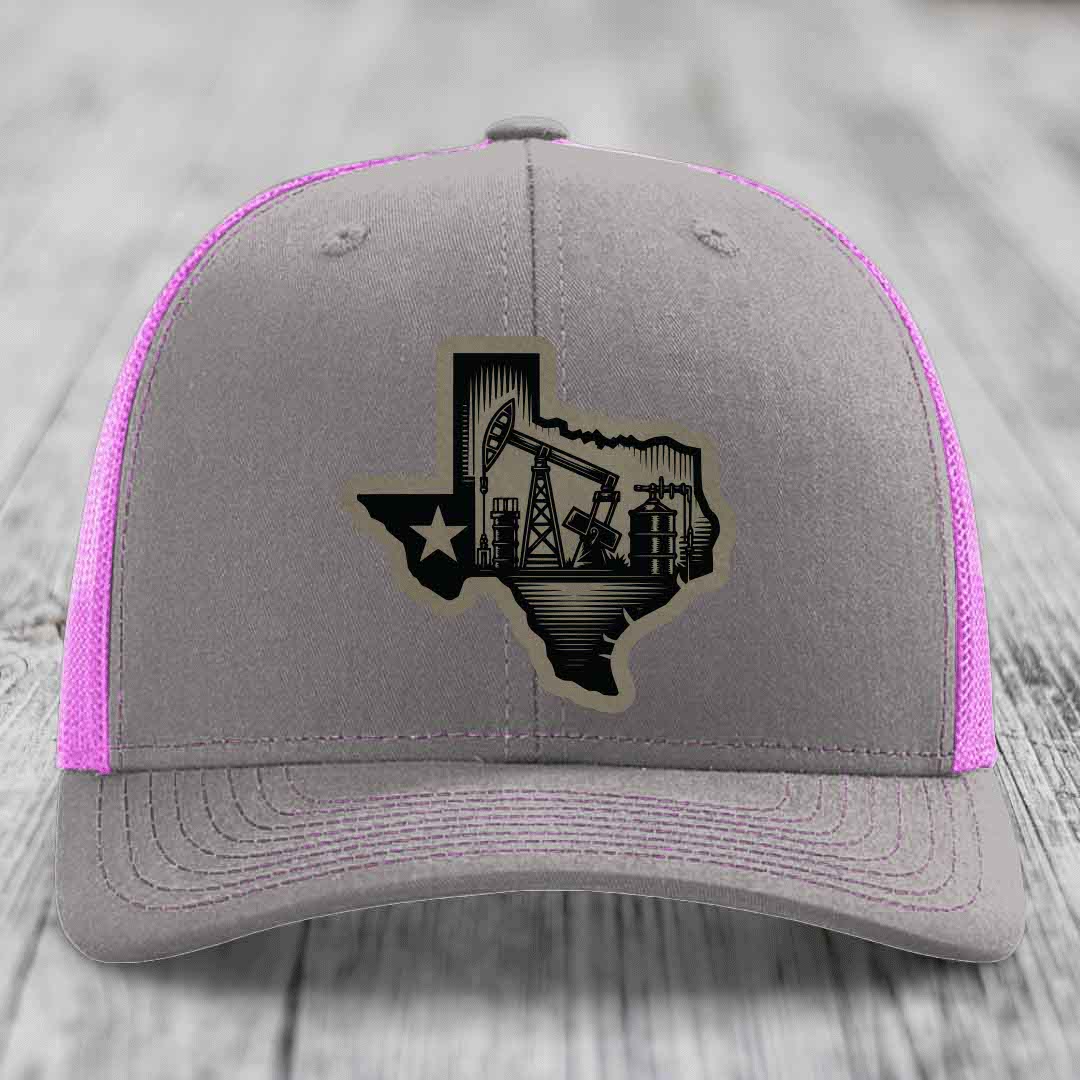 Texas Oilfield - Leather Patch Hat - Light Brown to Black Patch - Richardson 112 Snapback Trucker Hat