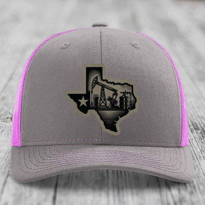 Texas Oilfield - Leather Patch Hat - Light Brown to Black Patch - Richardson 112 Snapback Trucker Hat